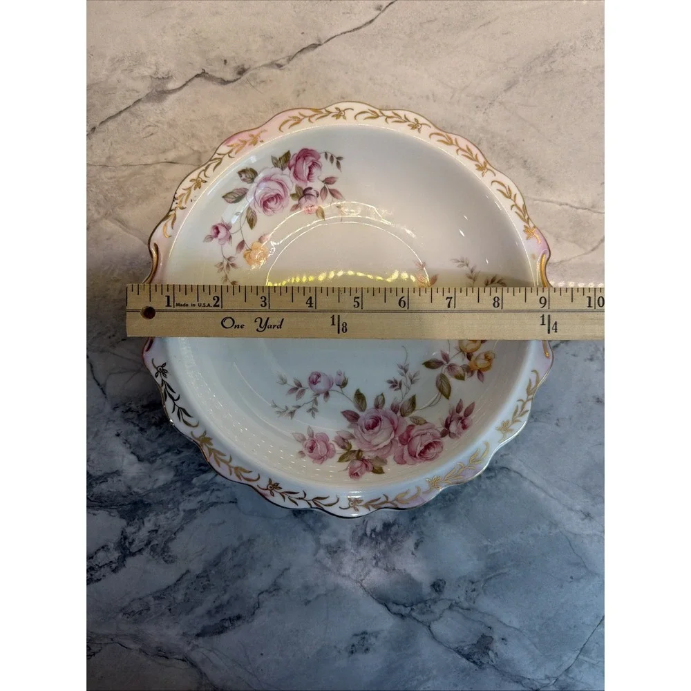 Vintage Lefton China Heritage Rose #6326 Porcelain Serving Bowl Pink Yellow Gold